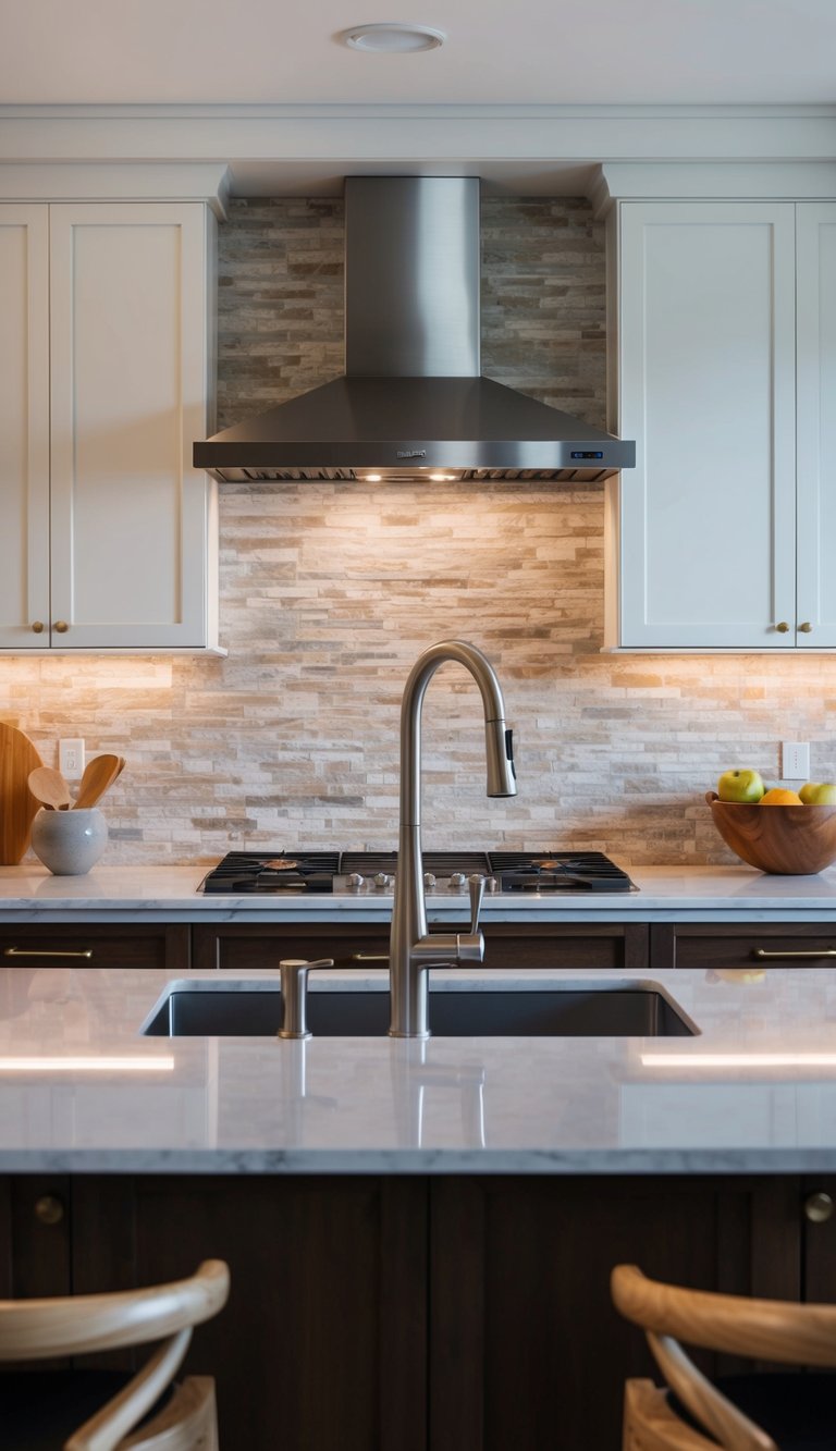 A modern kitchen with a Quartz Charisma 21 natural stone backsplash