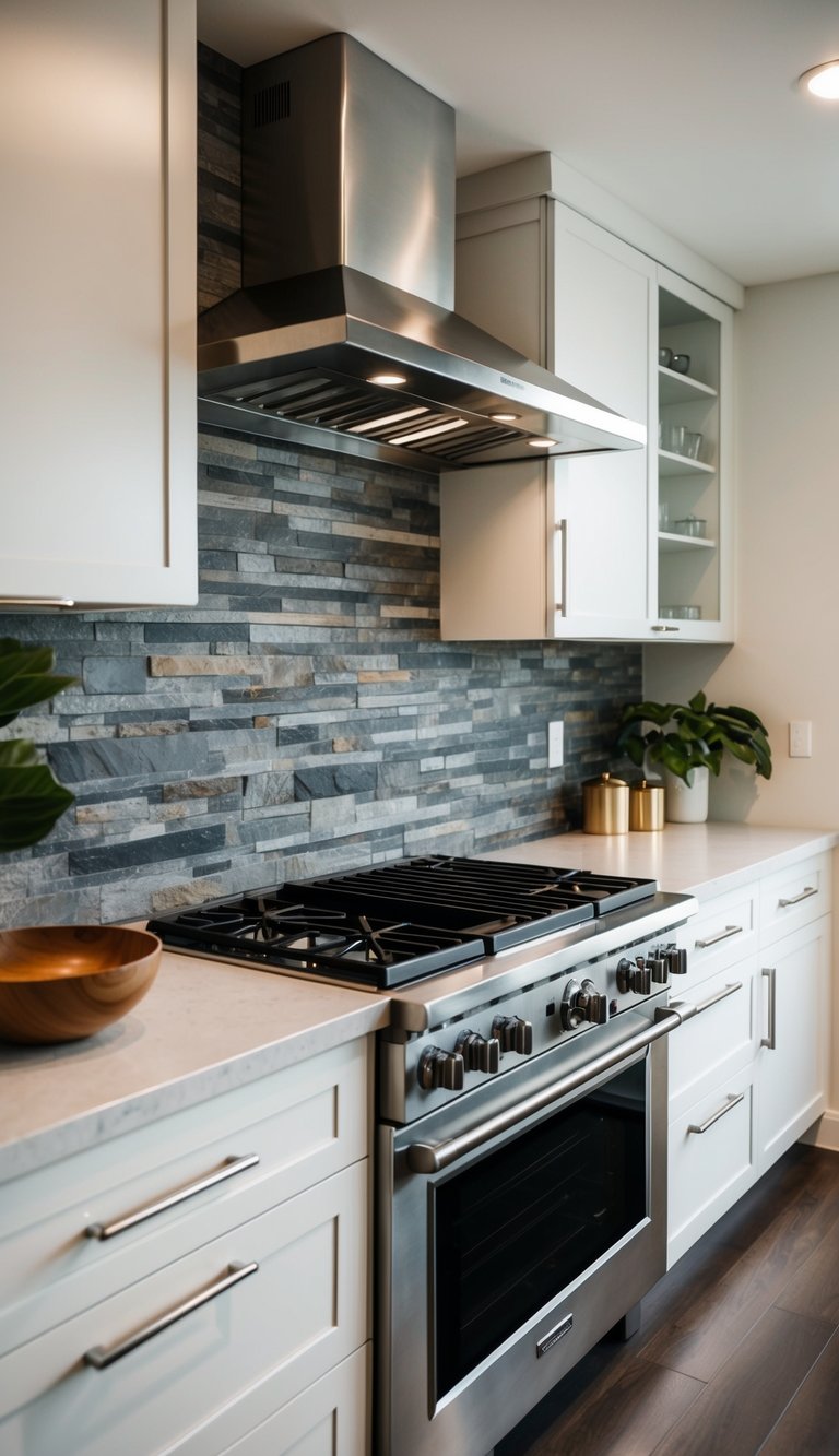A modern kitchen with Slate Sensation 21 natural stone backsplash, sleek countertops, and stainless steel appliances