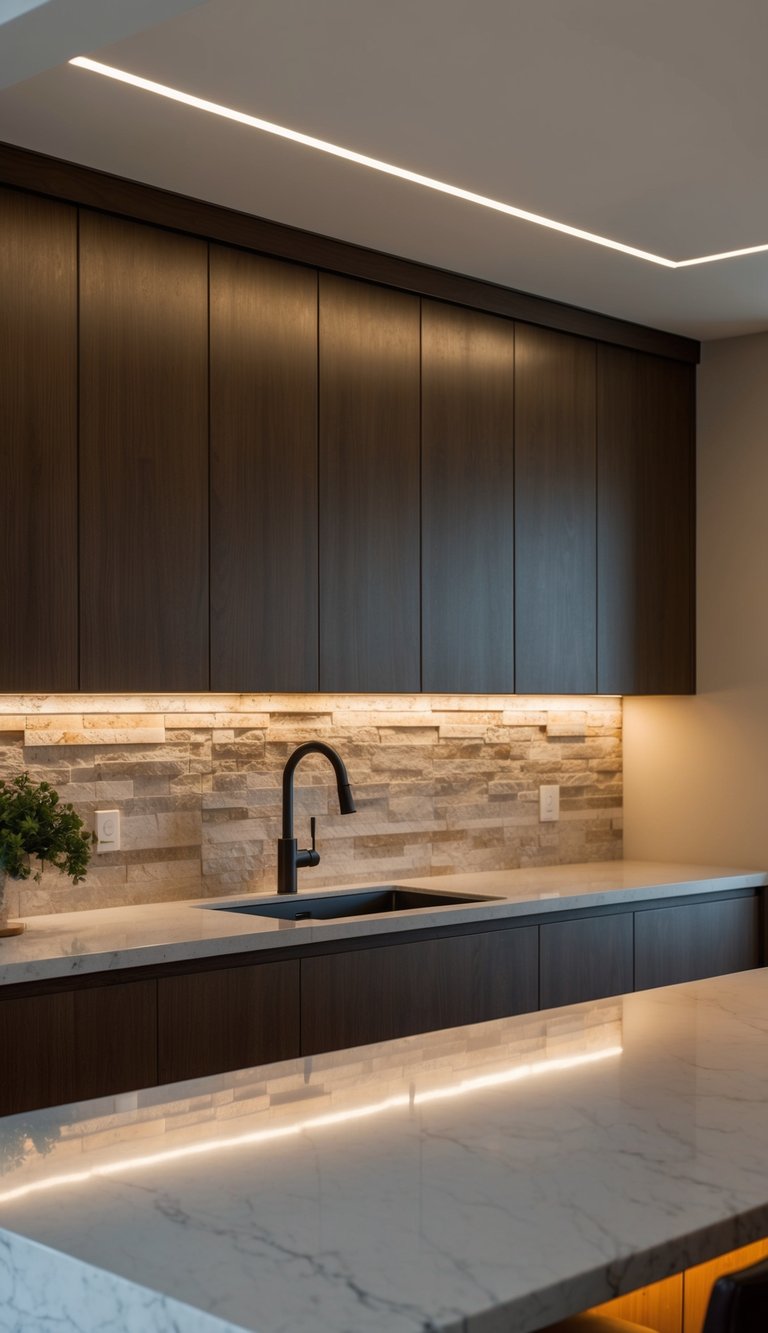 A sleek kitchen with a Travertine Appeal 21 natural stone backsplash, illuminated by warm under-cabinet lighting
