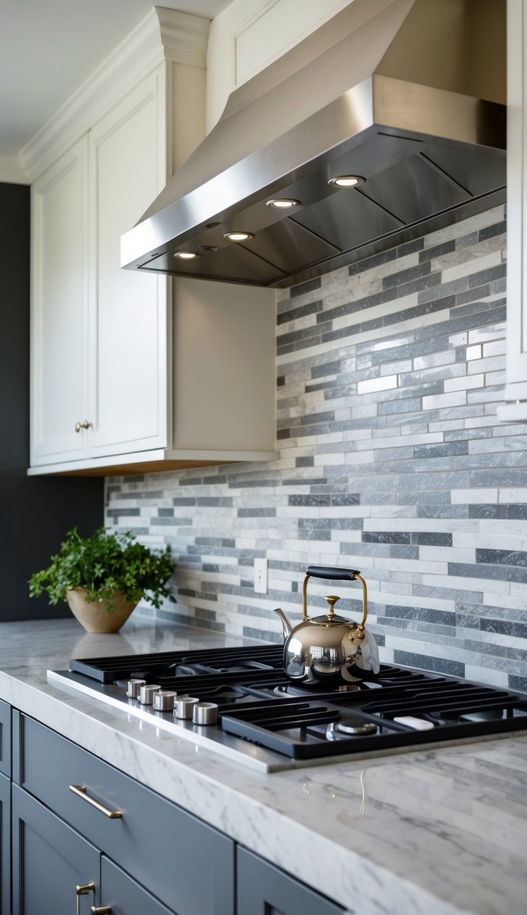 A modern kitchen with a natural stone backsplash, featuring limestone tiles in various shades of gray and white, creating a timeless and elegant look