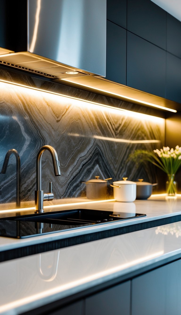 A sleek kitchen with Onyx Ombré 21 natural stone backsplash, reflecting light and adding depth to the modern space