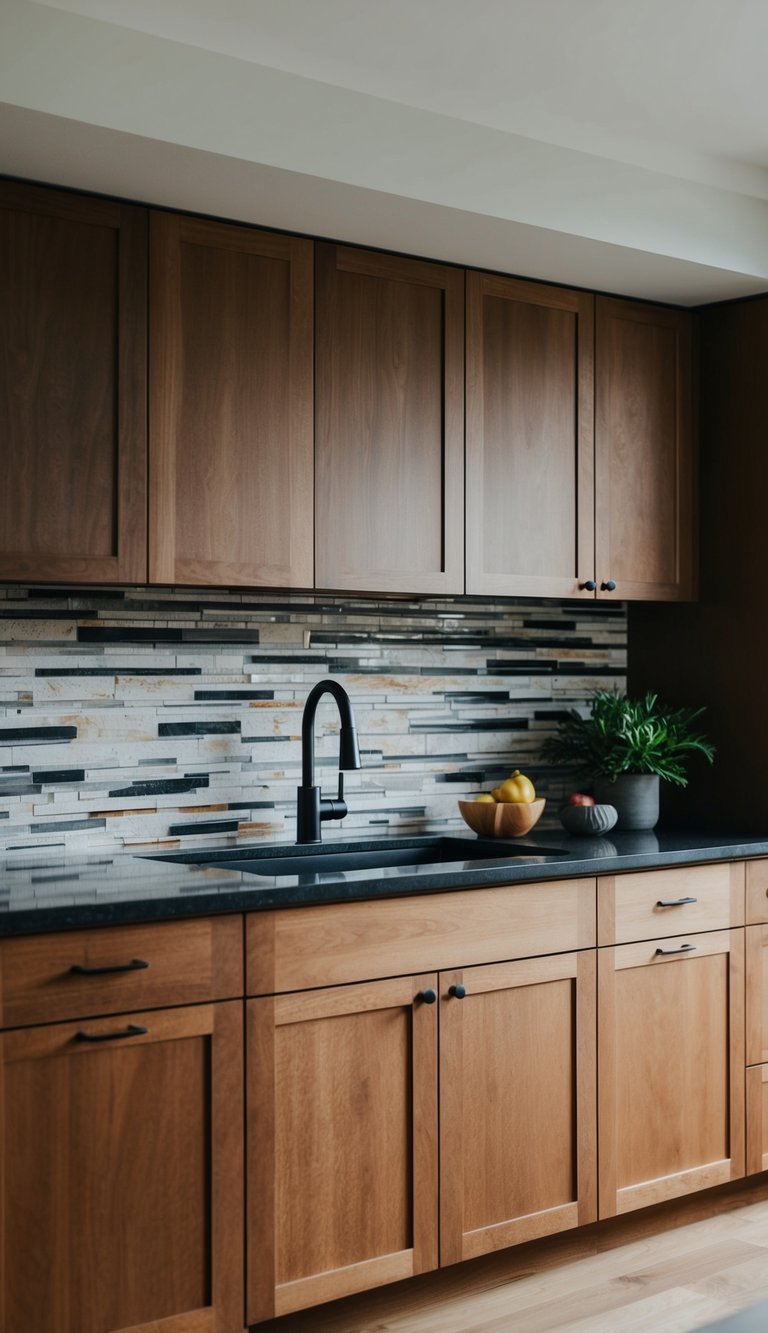 A modern kitchen with a Jasper Jazz 21 natural stone backsplash