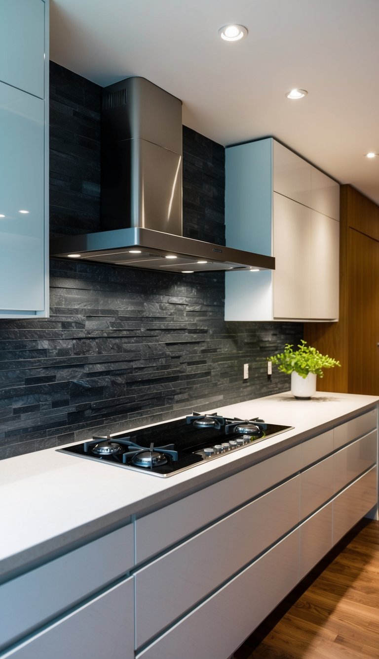A sleek, modern kitchen with a stunning Basalt Brilliance 21 natural stone backsplash, adding elegance and depth to the space