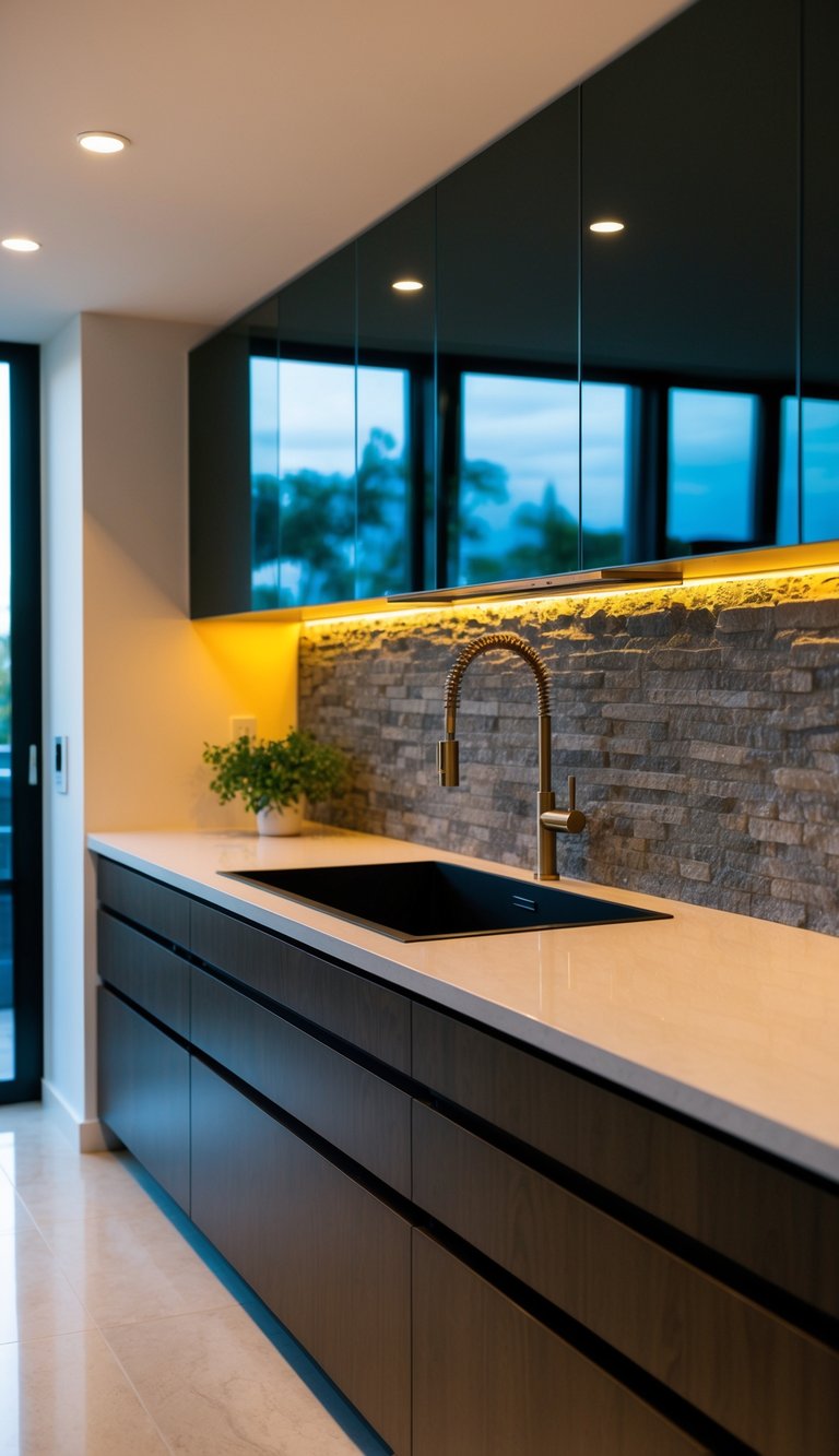 A sleek, modern kitchen with a Porphyry Pizzazz 21 natural stone backsplash, reflecting the warm glow of the under-cabinet lighting