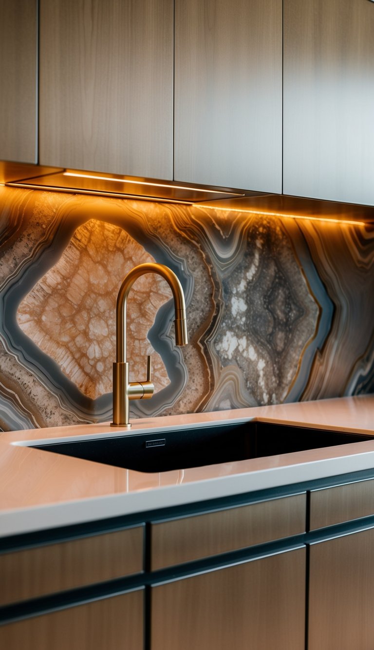 A sleek, modern kitchen with a stunning Agate Aesthetics 21 natural stone backsplash, illuminated by warm, ambient lighting