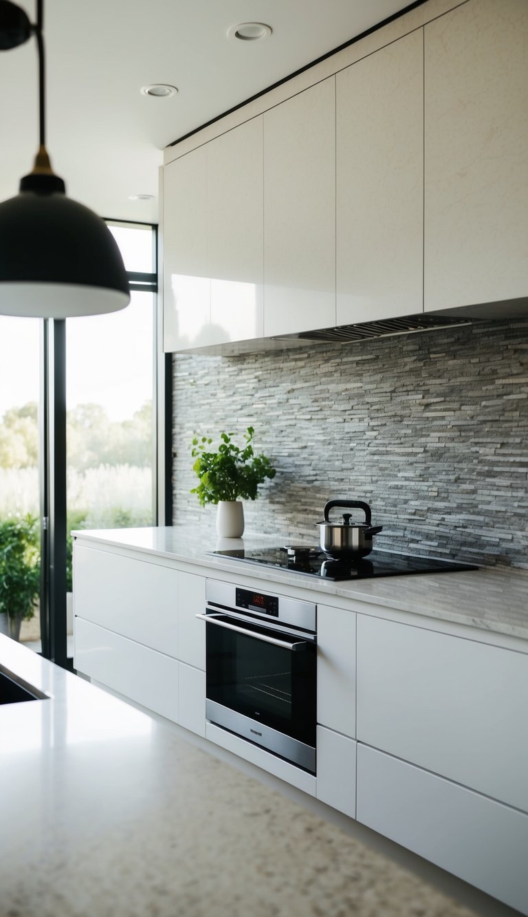 A sleek, modern kitchen with a serpentine 21 natural stone backsplash, exuding sophistication and elegance