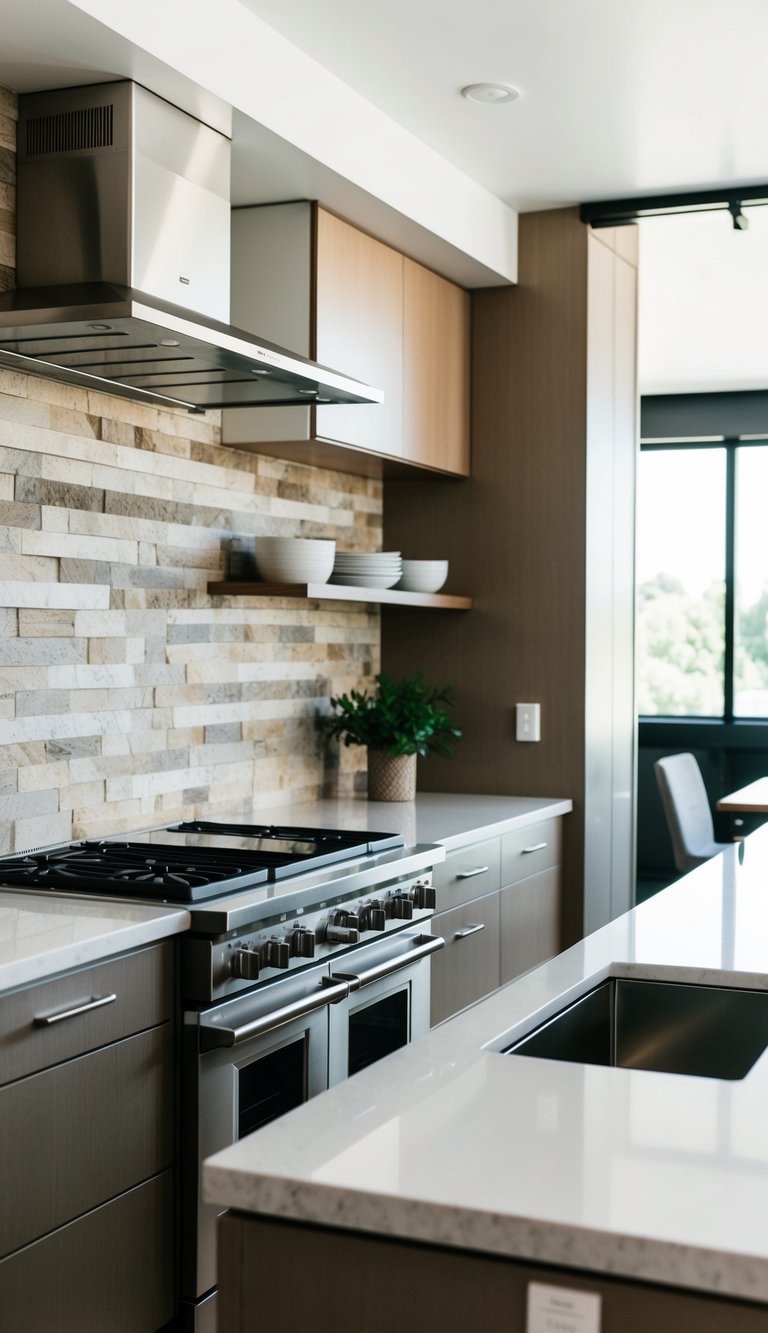 A modern kitchen with Jasper Class 21 natural stone backsplash, sleek countertops, and stainless steel appliances