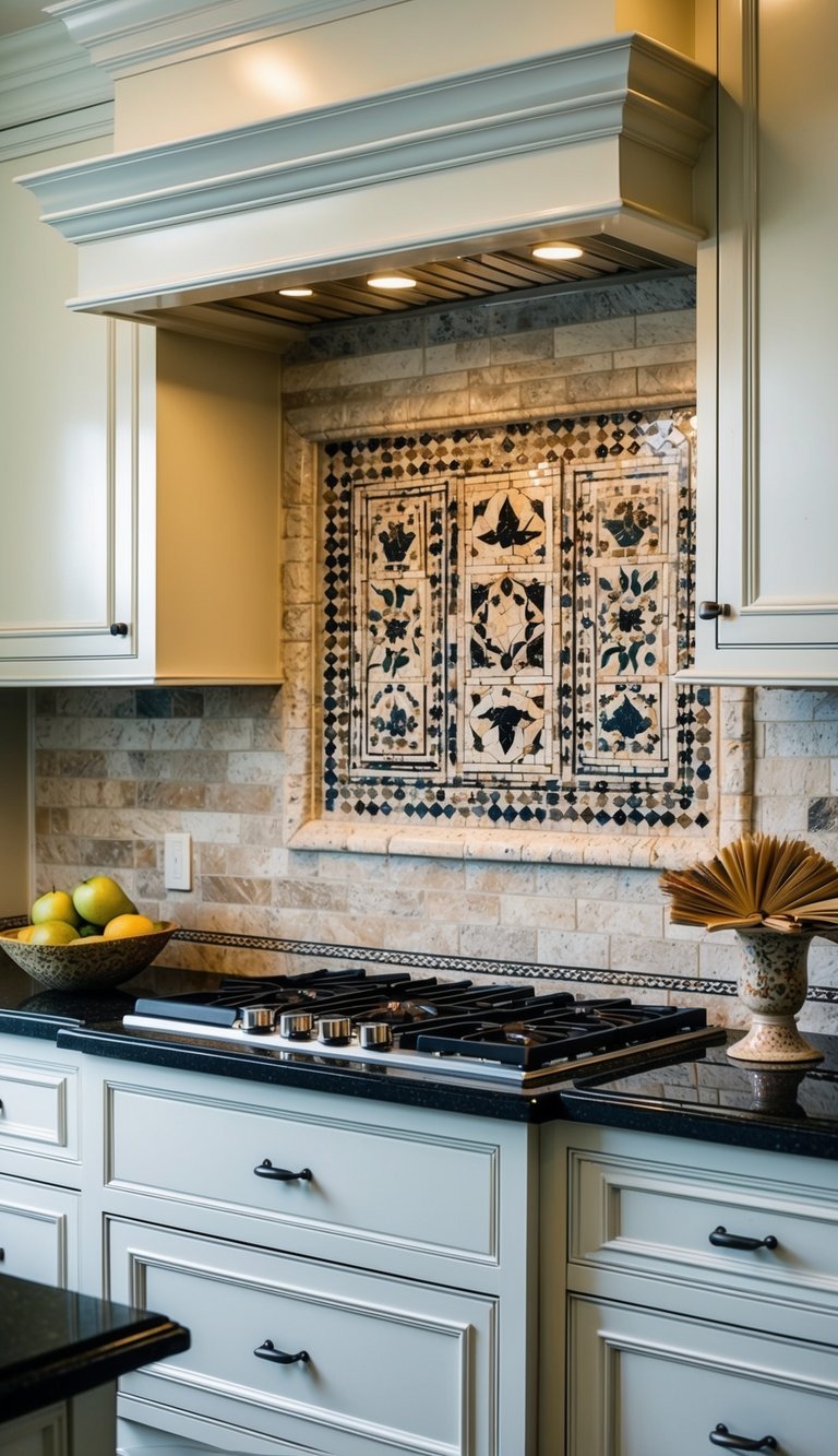 A kitchen with a 21-piece natural stone backsplash featuring intricate Pietra Dura artistry