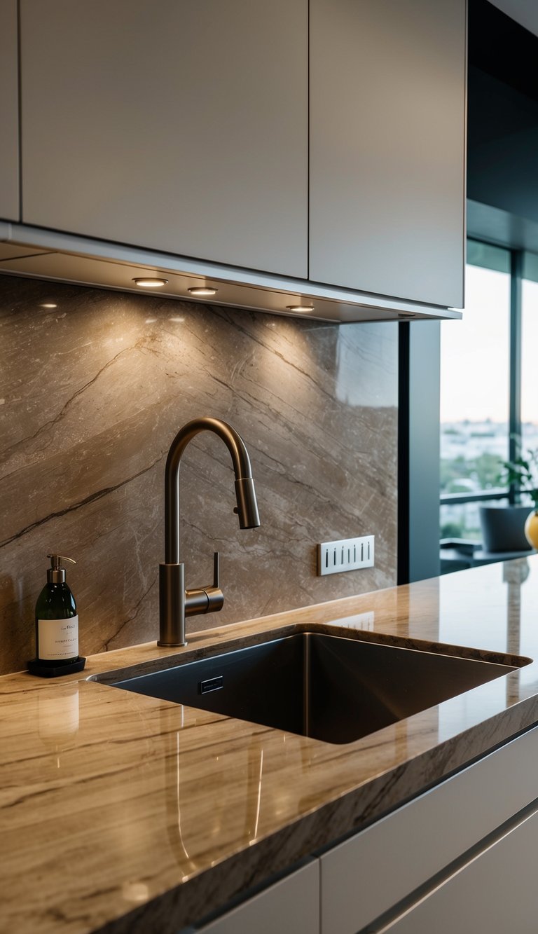 A sleek cappuccino marble 21 natural stone backsplash adorns a modern kitchen