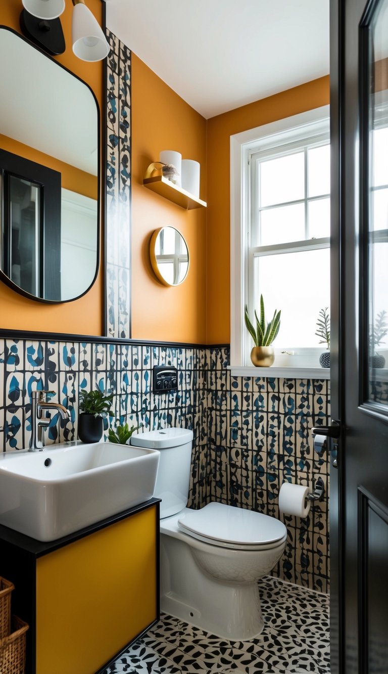 A small bathroom with a bold accent wall featuring a vibrant color or pattern, complemented by minimalist decor and clever storage solutions