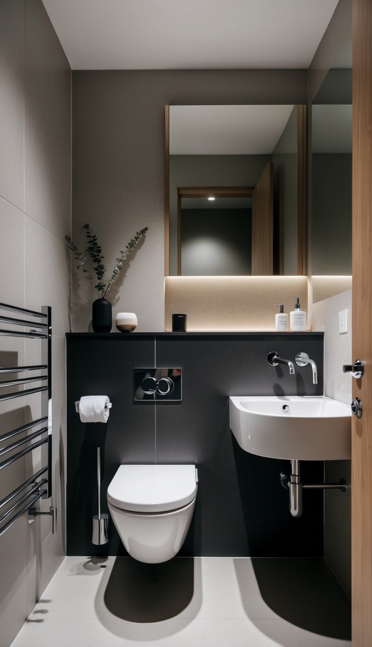 A modern small bathroom with a wall-hung toilet, sleek fixtures, and minimal decor