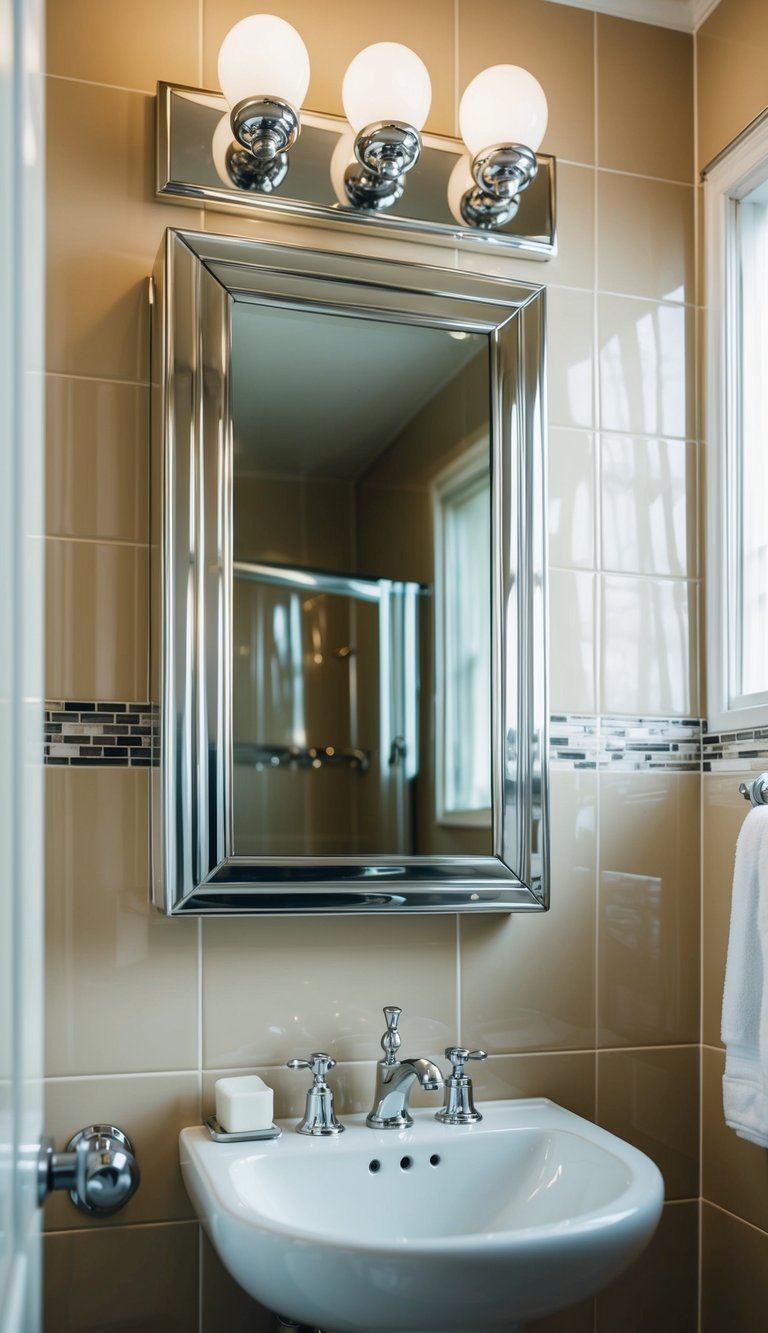A small bathroom with a mirror, shiny metallic fixtures, and glossy tiles reflecting light