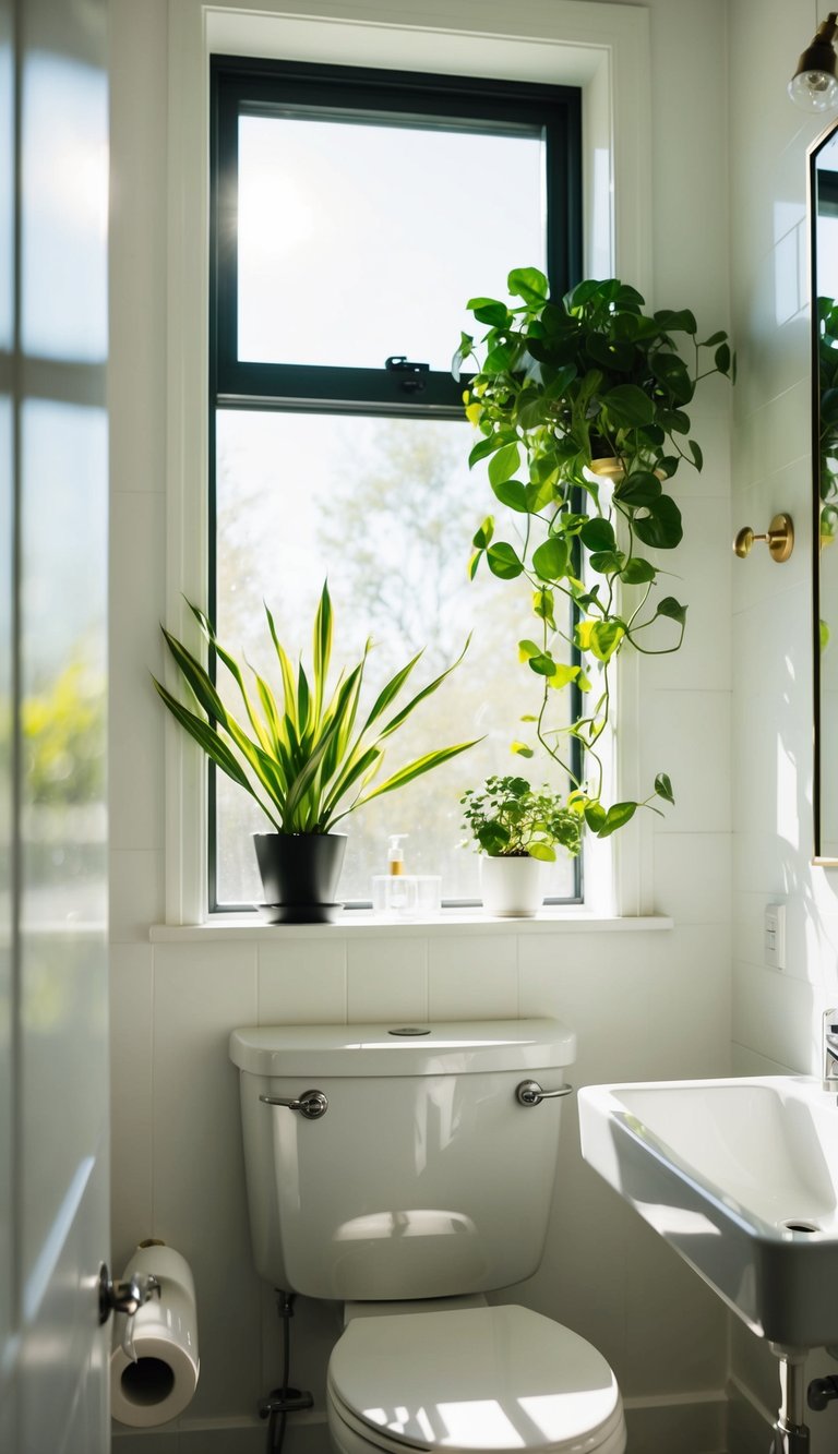 Sunlight fills a small bathroom with a large window, illuminating white walls, a mirror, and green plants