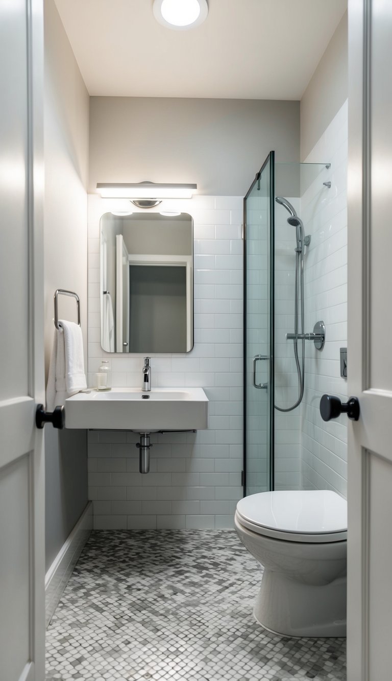 A small bathroom with white and gray small-scale tile flooring, featuring a modern sink and mirror, with a glass-enclosed shower in the corner