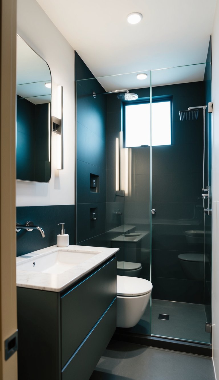 A small bathroom with a monochromatic color scheme, featuring a sleek vanity, minimalistic fixtures, and a walk-in shower with glass enclosure