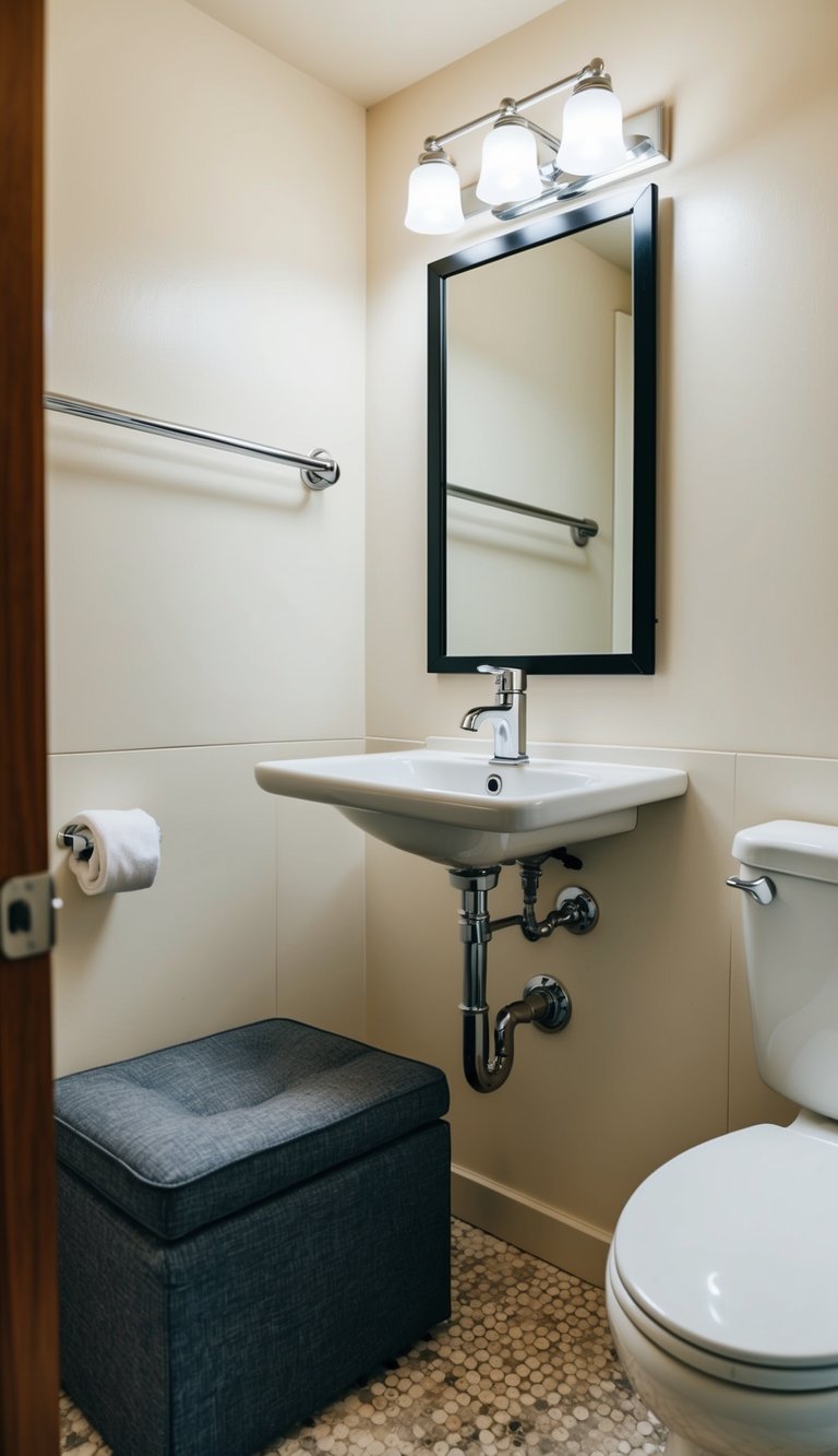 A small bathroom with a fold-down sink, convertible shower bench, and storage ottoman