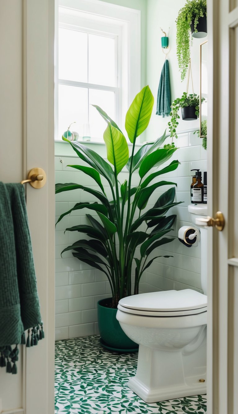A bathroom with a lush green plant corner, surrounded by 23 green-themed decor ideas
