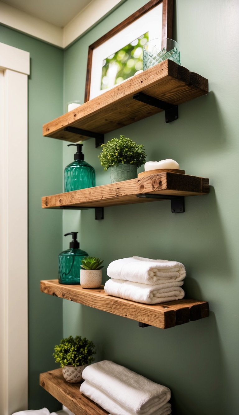 Reclaimed wood shelves hold green bathroom decor