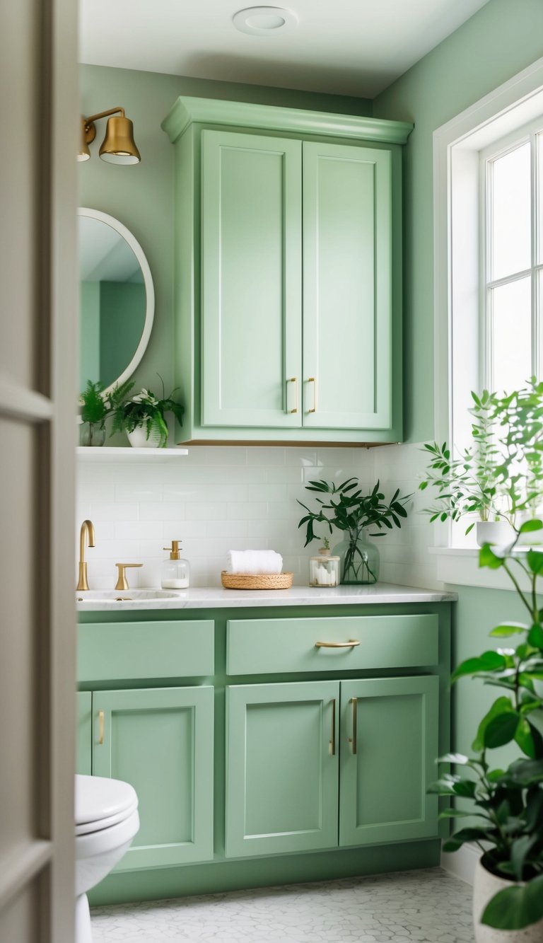 Soft sage cabinets in a serene green bathroom with natural light and fresh plants