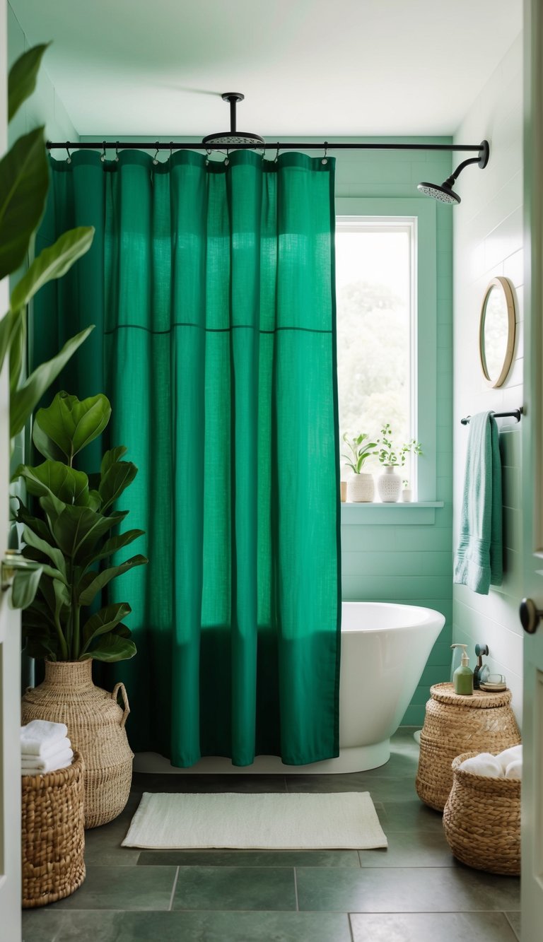 A serene bathroom with an organic cotton shower curtain in a lush green color, surrounded by various natural and eco-friendly bathroom decor and accessories