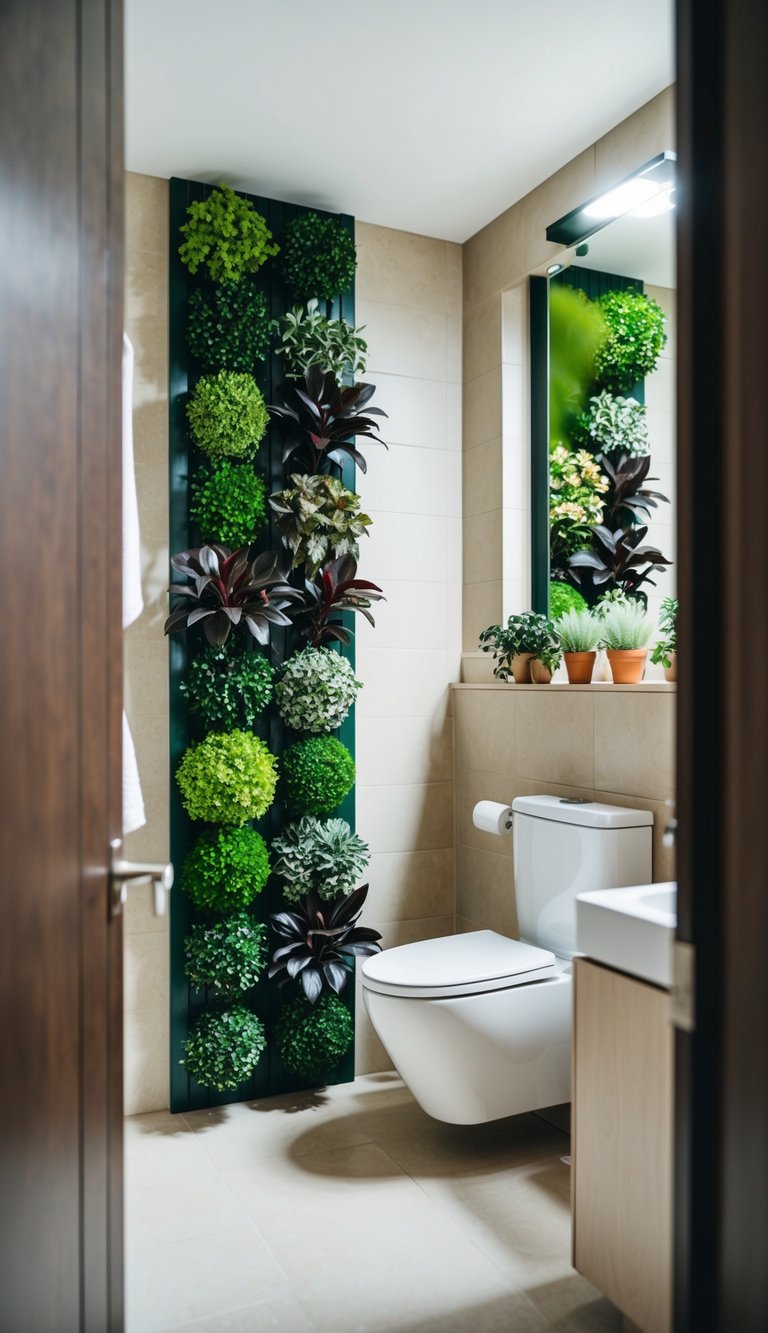 A bathroom with a vertical wall garden filled with 23 different shades of green plants