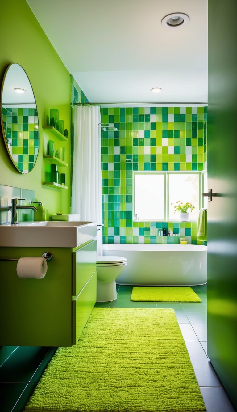 A lime green rug in a modern bathroom with various shades of green decor