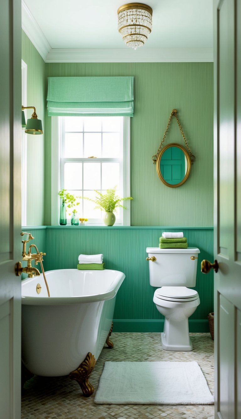 A serene bathroom with grasscloth wallpaper, featuring shades of green in decor and accessories