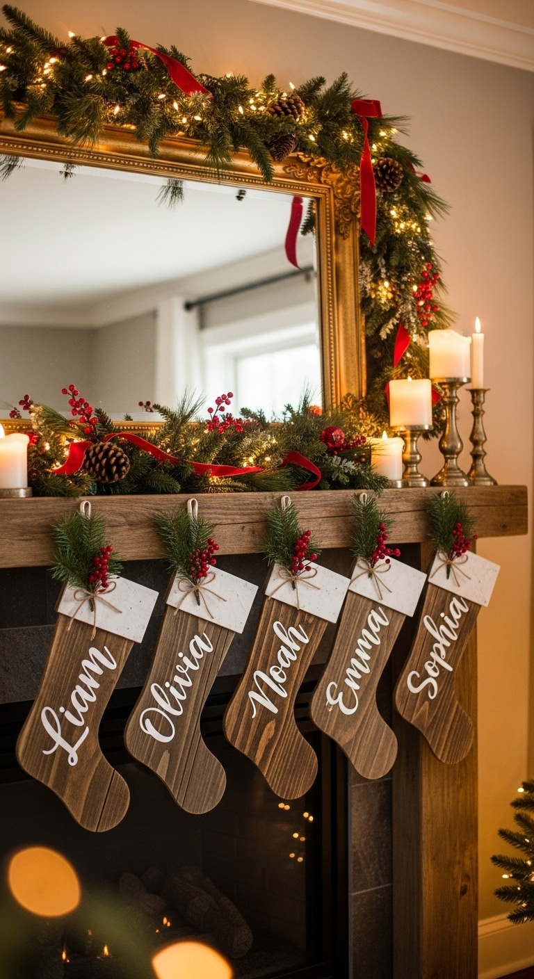 Rustic wooden stockings with hand-painted names