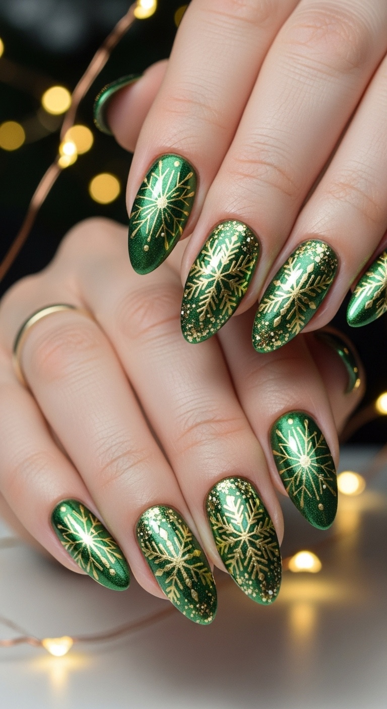 Metallic Green with Gold Snowflakes