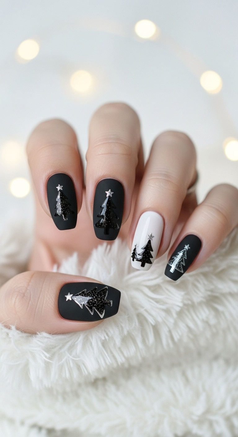Black Matte with Christmas Tree Silhouettes