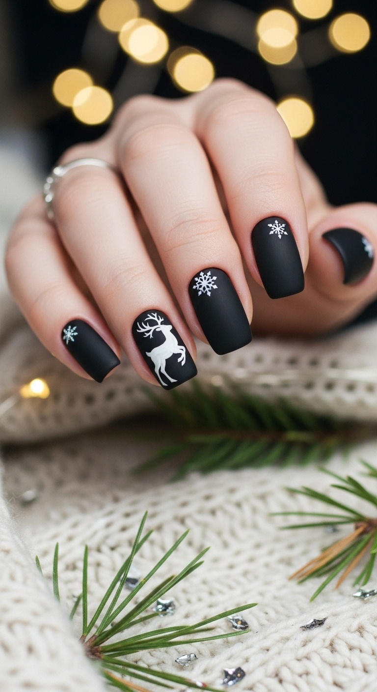 Black Nails with White Reindeer Art
