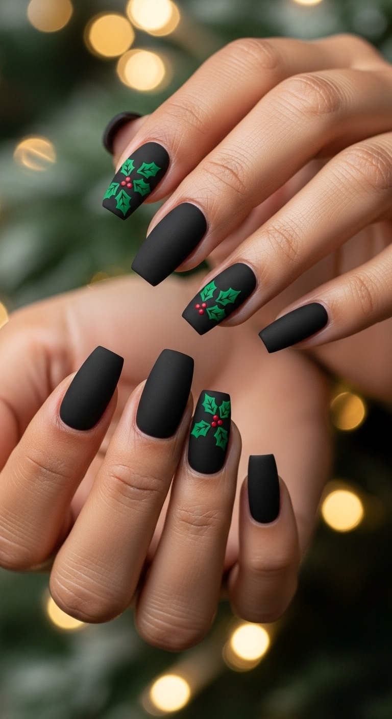Matte Black with Green Holly Leaf Details