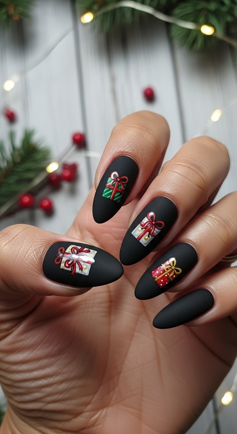 Black Nail Art with Tiny Gift Box Designs