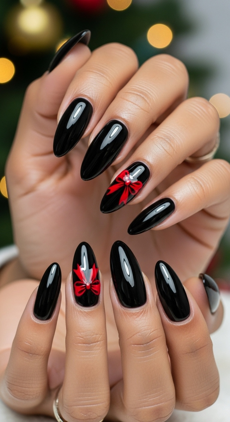 Black Nails with Classic Red Bow