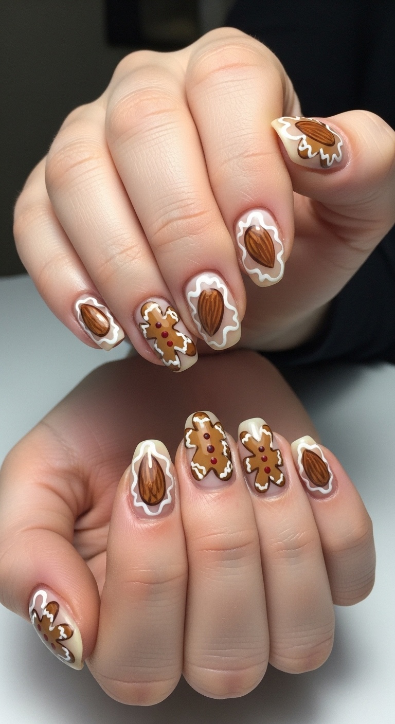 Almond Nails Painted Like Gingerbread Cookies
