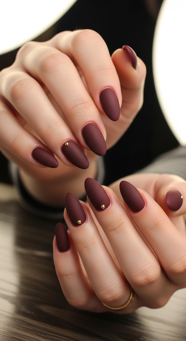 Deep Burgundy Almond Nails with Matte Finish