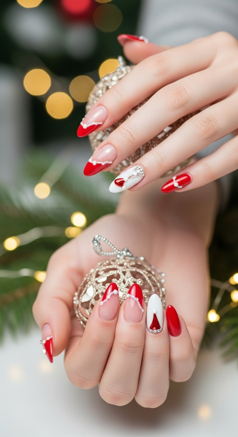 Almond Nails with Santa Hat Designs
