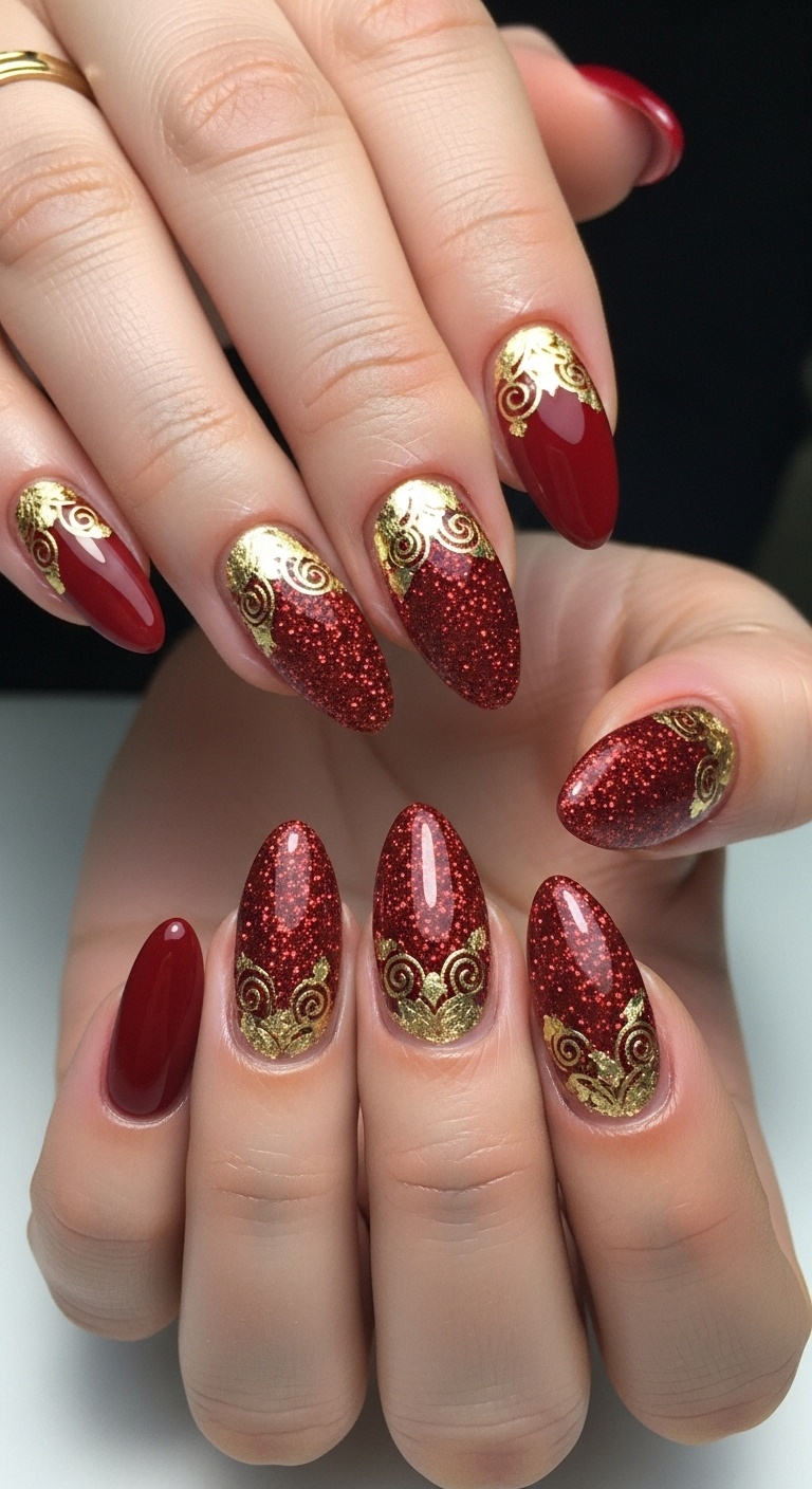 Red Almond Nails with Glitter Gradient