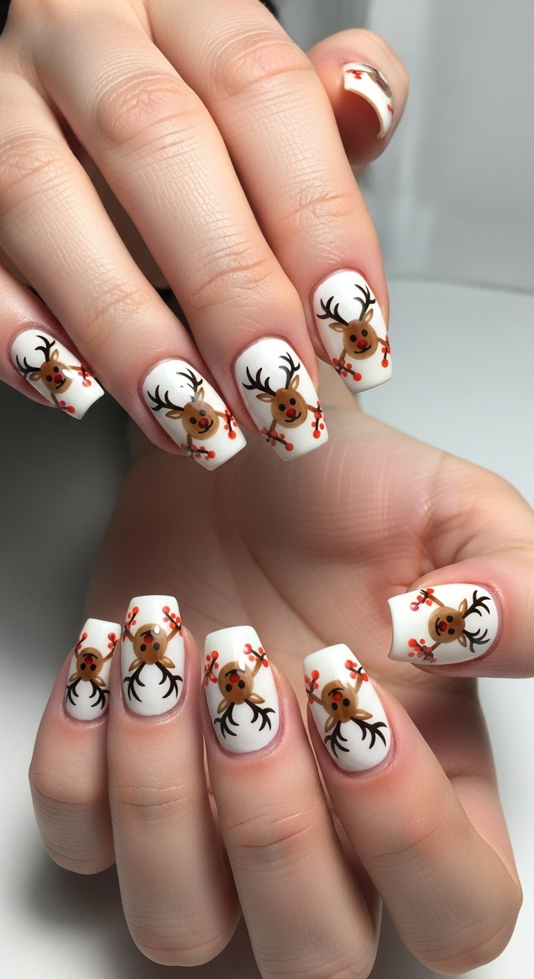 Almond Nails Featuring Reindeer Silhouettes
