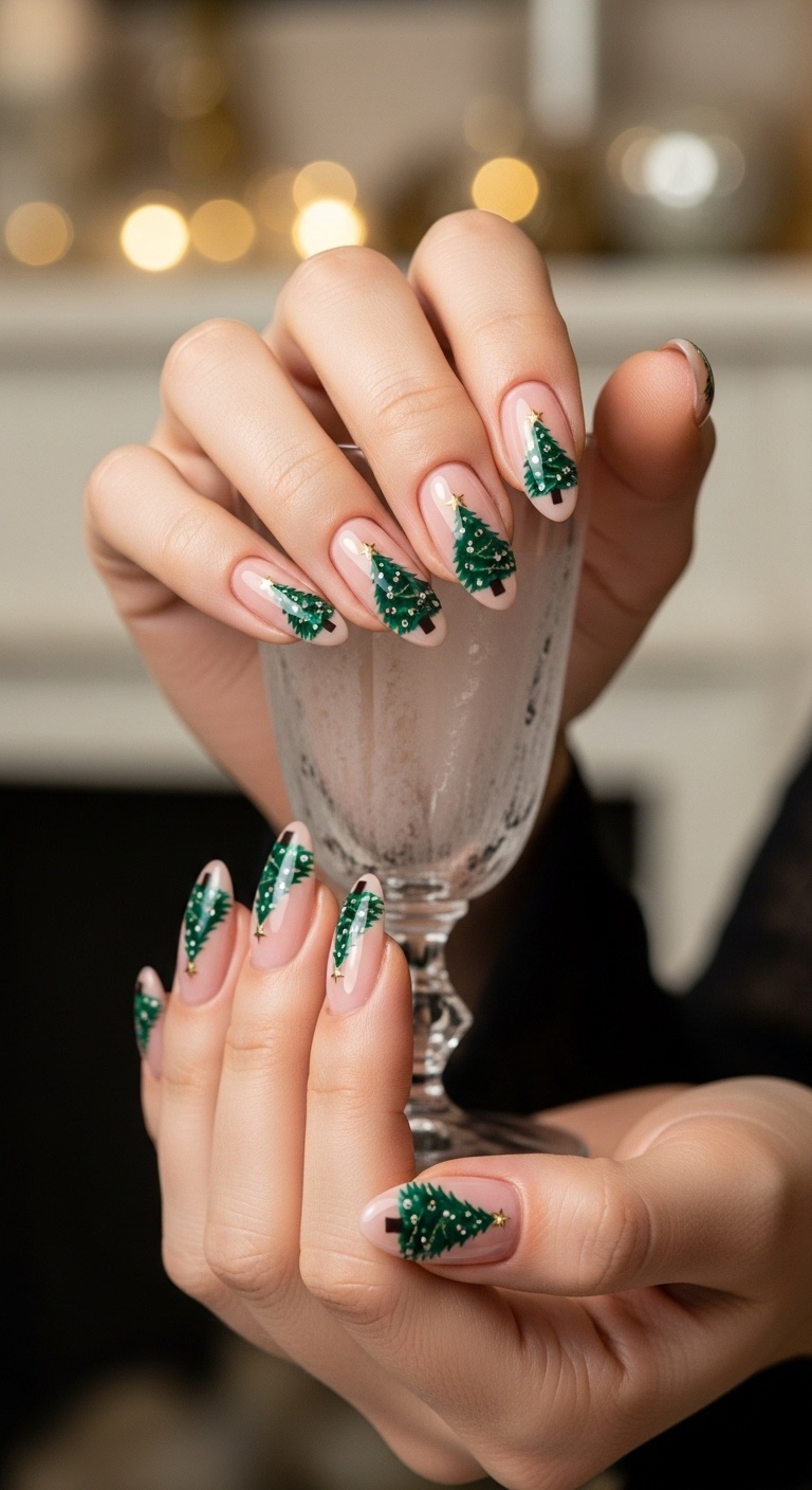 Almond Nails with Mini Christmas Tree Decals