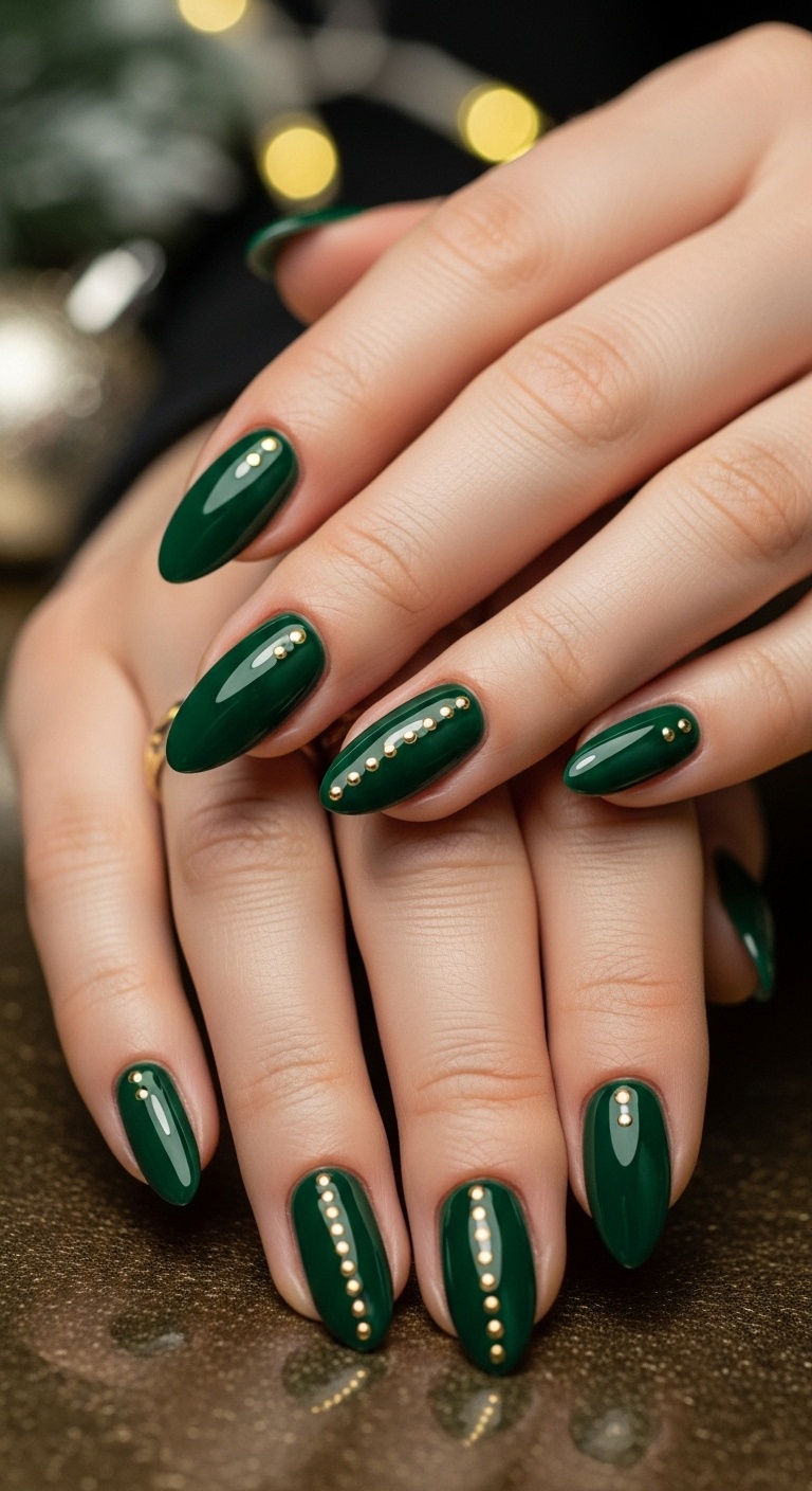 Dark Green Almond Nails with Gold Dots