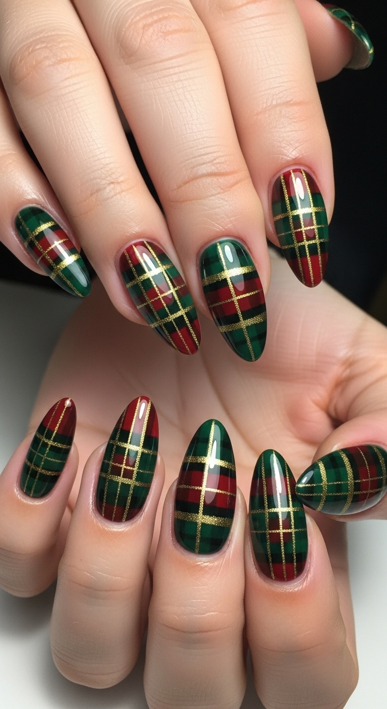 Festive Plaid Almond Nails