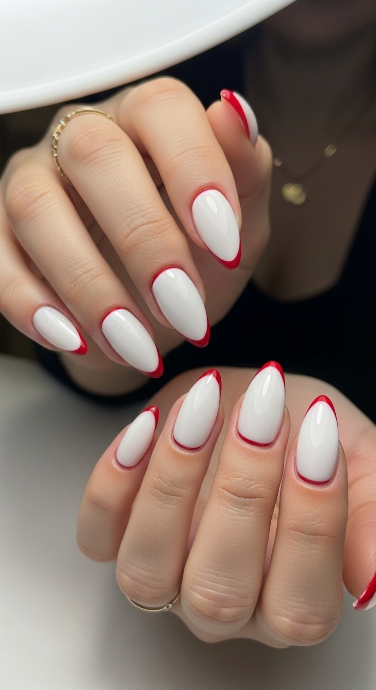 Classic White Almond Nails with Red Tips