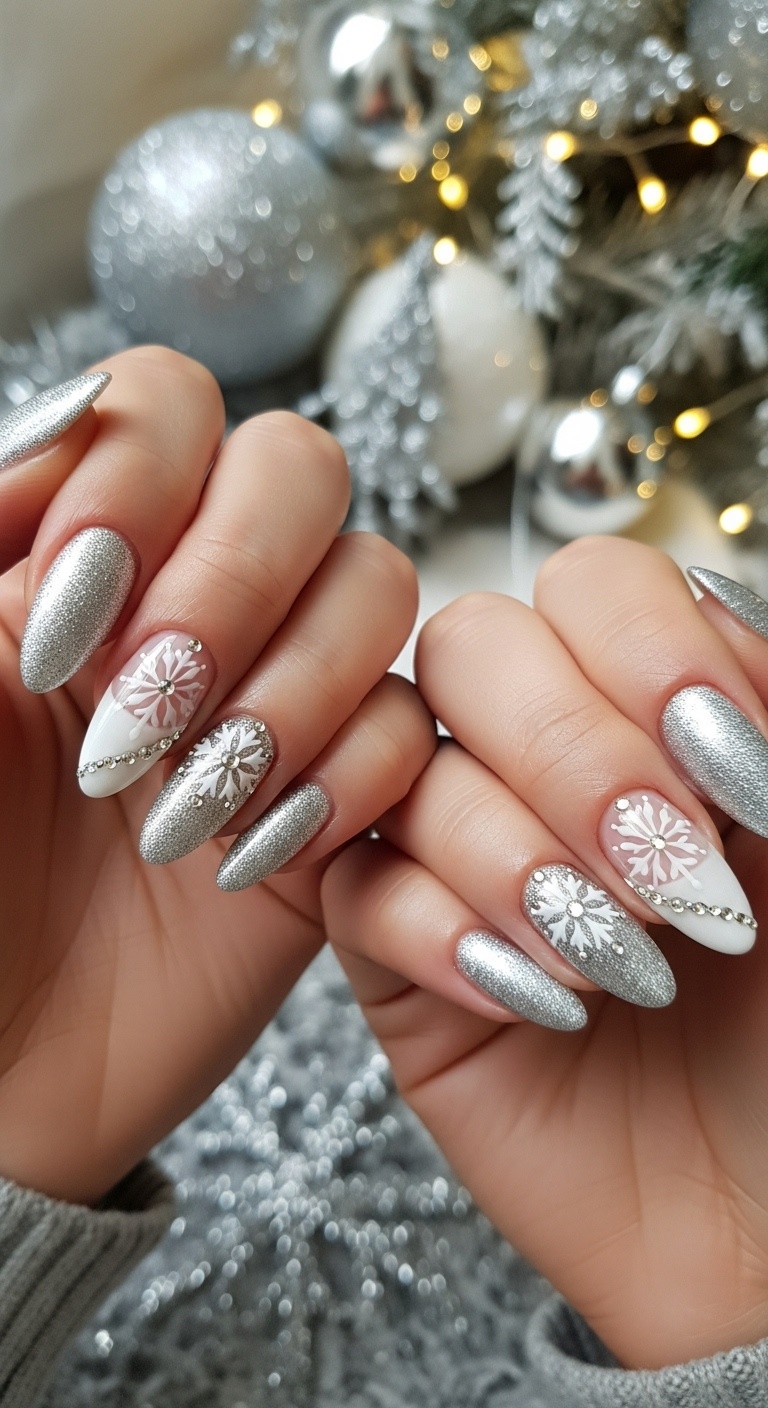 Glittery Silver Almond Nails