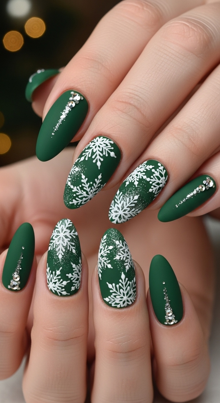 Matte Green Almond Nails with Snowflakes