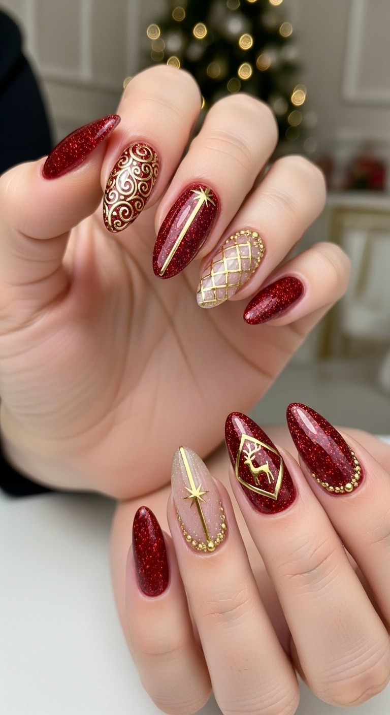 Sparkling Red and Gold Almond Nails