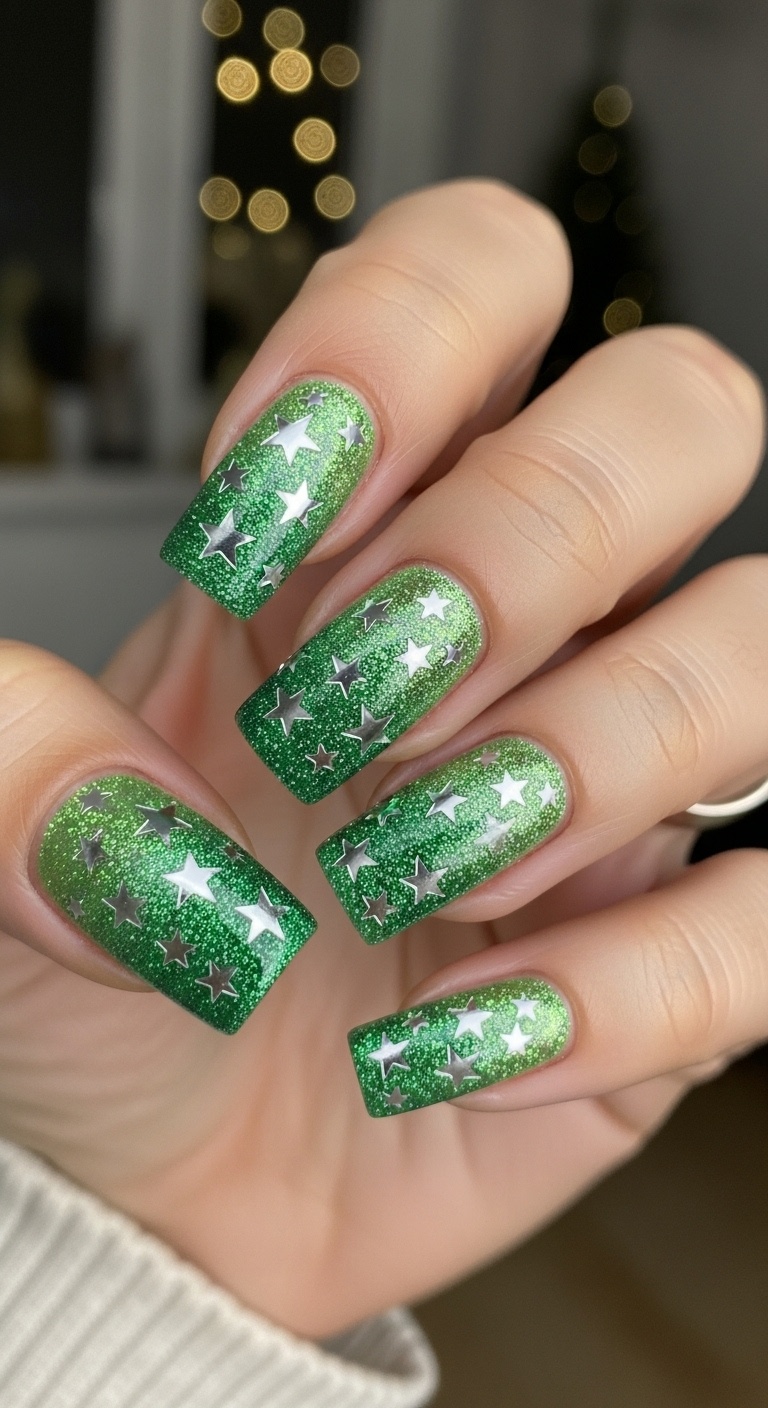 Green Glitter Gradient with Silver Stars