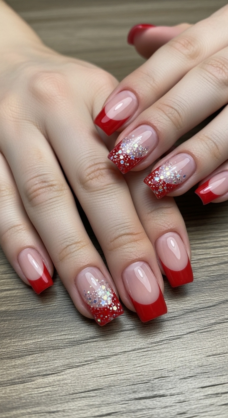 Minimalist Red French Tips with Sparkle