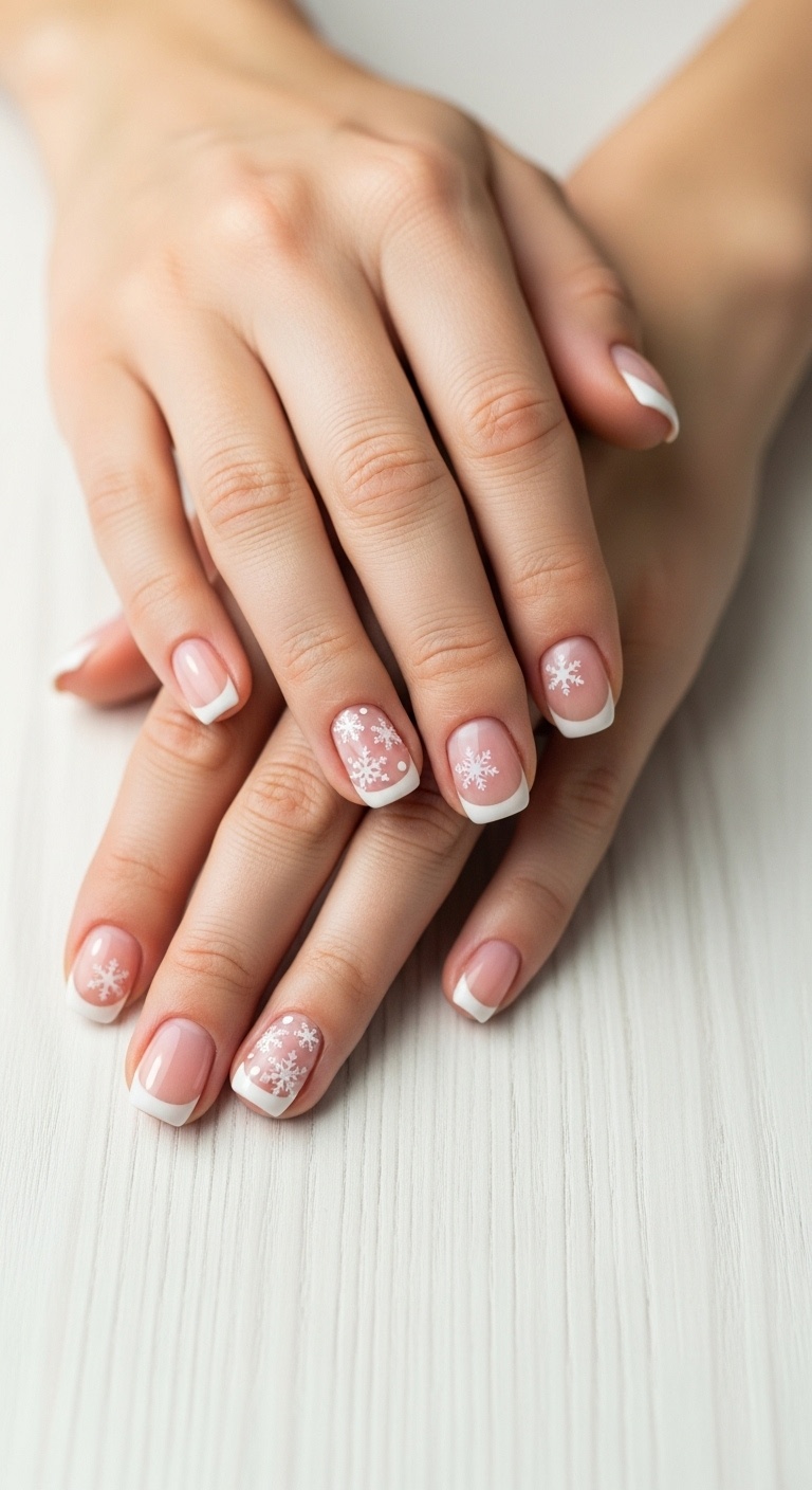 White French Tips with Tiny Snowflakes