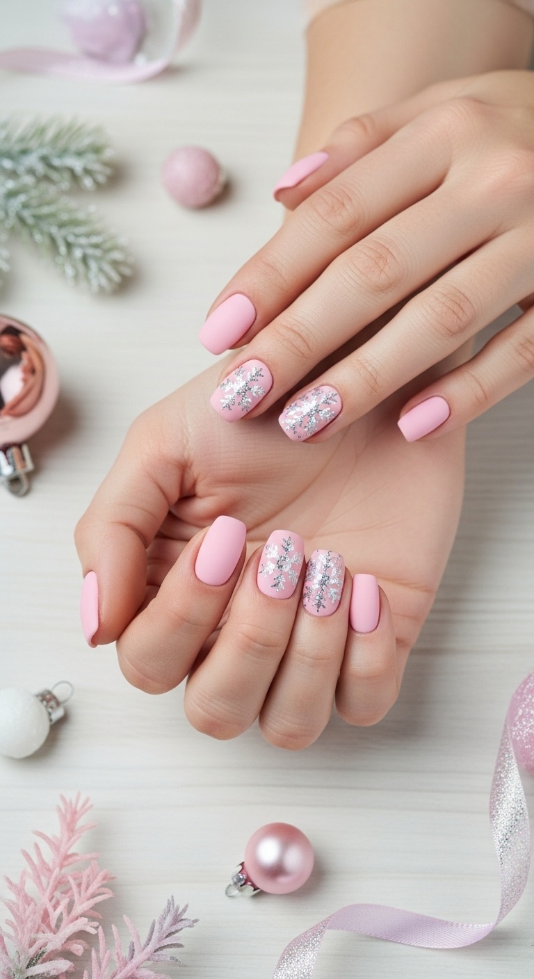 Matte pink with glitter snowflakes